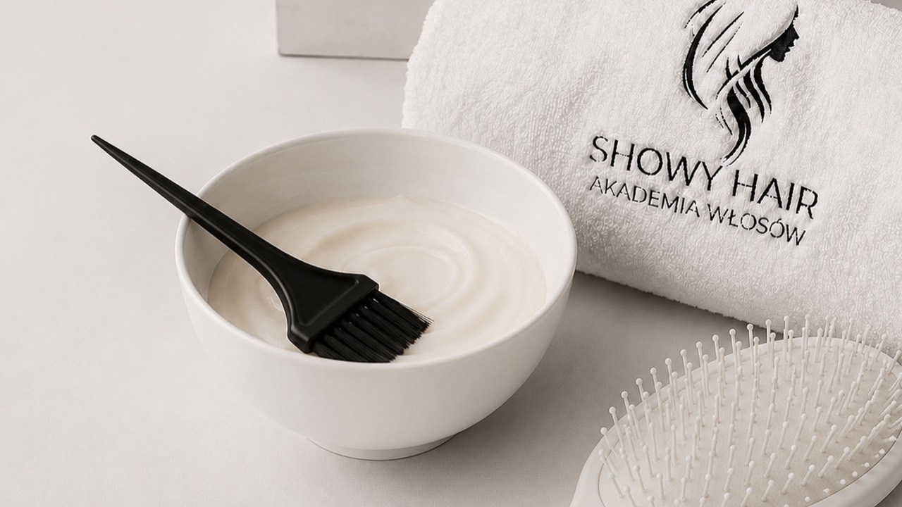 Miska z odżywką do włosów, pędzel i ręcznik Showy Hair